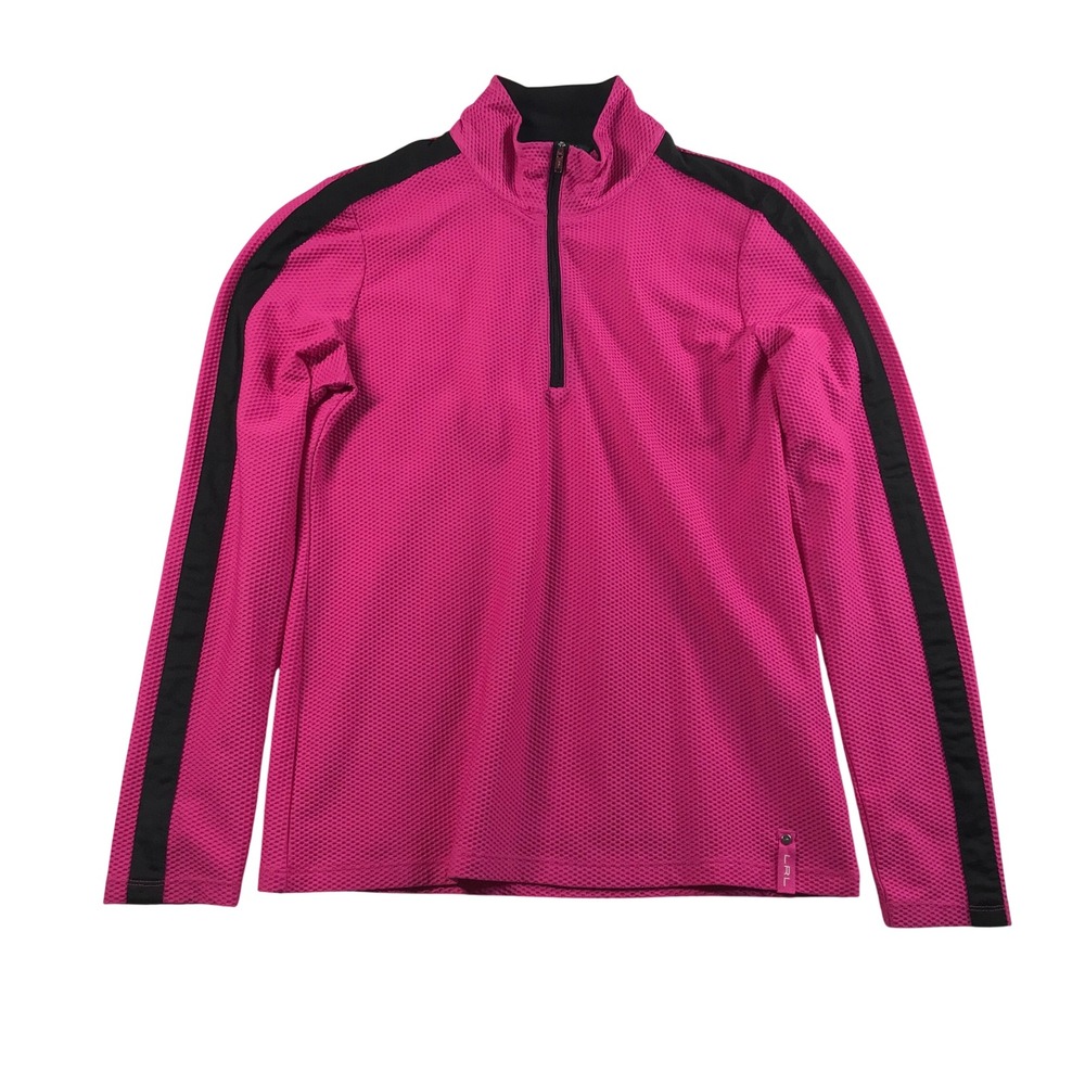 Lauren Ralph Lauren Pink Honeycomb 1/4 Zip Pullover Racing Stripe Top Large